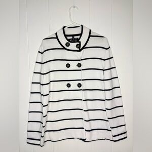 Saint James Women’s Dress Coat Sweater Nautical Buttons White Blue Striped 14